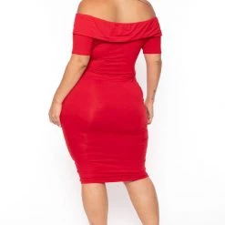 Curvy Sense New Arrivals Plus Size Lydia Off The Shoulder Short Sleeve Dress- Red