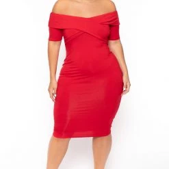 Curvy Sense New Arrivals Plus Size Lydia Off The Shoulder Short Sleeve Dress- Red