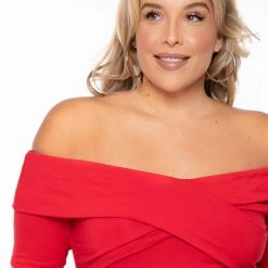 Curvy Sense New Arrivals Plus Size Lydia Off The Shoulder Short Sleeve Dress- Red