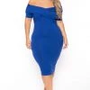 Curvy Sense Plus Size Lydia Off The Shoulder Short Sleeve Dress- Blue