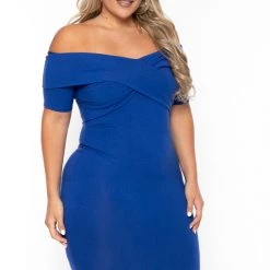 Curvy Sense Plus Size Lydia Off The Shoulder Short Sleeve Dress- Blue