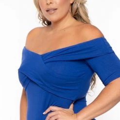 Curvy Sense Plus Size Lydia Off The Shoulder Short Sleeve Dress- Blue