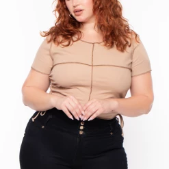 Curvy Sense Tops Plus Size Adria Ruched Top - Mocha
