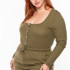 Curvy Sense Plus Size Alessandra Ribbed Jumpsuit - Olive Party Jumpsuilts
