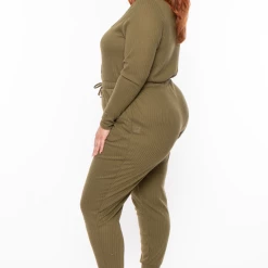 Curvy Sense Plus Size Alessandra Ribbed Jumpsuit - Olive Party Jumpsuilts