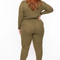 Curvy Sense Plus Size Alessandra Ribbed Jumpsuit - Olive Party Jumpsuilts