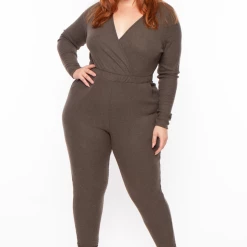 Curvy Sense Most Loved Plus Size Alexa Ribbed Jumpsuit - Olive