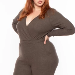 Curvy Sense Most Loved Plus Size Alexa Ribbed Jumpsuit - Olive