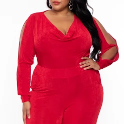 Curvy Sense Plus Size Allie Cowl Neck Jumpsuit - Red