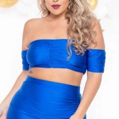 Curvy Sense Plus Size Aella Cropped Matching Set - Blue Matching Sets