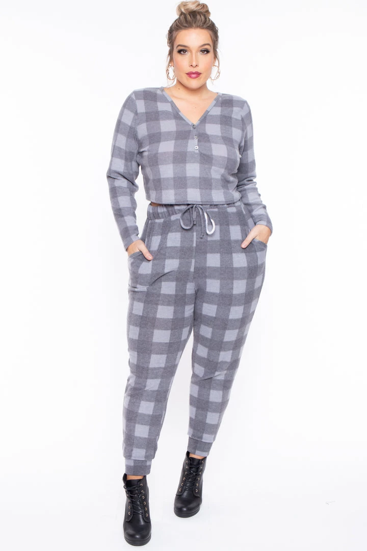 Curvy Sense Plus Size Aliza Plaid Lounge Set - Gray 5 Curvy Sense Plus Size Aliza Plaid Lounge Set - Gray