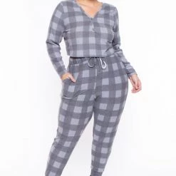 Curvy Sense Plus Size Aliza Plaid Lounge Set - Gray
