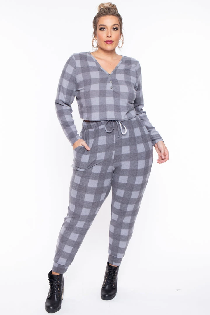 Curvy Sense Plus Size Aliza Plaid Lounge Set - Gray 3 Curvy Sense Plus Size Aliza Plaid Lounge Set - Gray