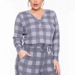 Curvy Sense Plus Size Aliza Plaid Lounge Set - Gray