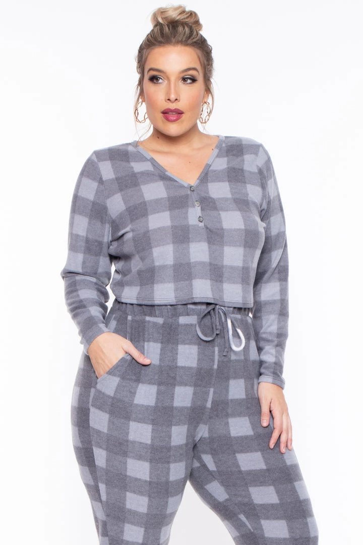 Curvy Sense Plus Size Aliza Plaid Lounge Set - Gray 4 Curvy Sense Plus Size Aliza Plaid Lounge Set - Gray