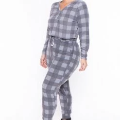 Curvy Sense Plus Size Aliza Plaid Lounge Set - Gray 11 Curvy Sense Plus Size Aliza Plaid Lounge Set - Gray