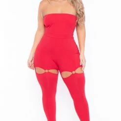 Curvy Sense Plus Size Alessa Cut Out Jumpsuit- Red