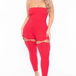 Curvy Sense Plus Size Alessa Cut Out Jumpsuit- Red