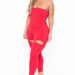 Curvy Sense Plus Size Alessa Cut Out Jumpsuit- Red
