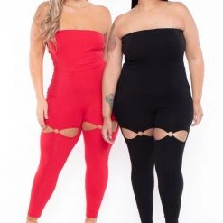 Curvy Sense Plus Size Alessa Cut Out Jumpsuit- Red