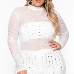 J OUR Plus Size 14K Sheer Mesh Rhinestone Jumpsuit - White