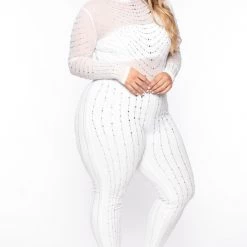 J OUR Plus Size 14K Sheer Mesh Rhinestone Jumpsuit - White