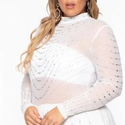 J OUR Plus Size 14K Sheer Mesh Rhinestone Jumpsuit - White