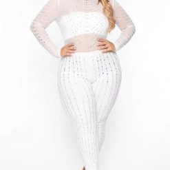 J OUR Plus Size 14K Sheer Mesh Rhinestone Jumpsuit - White