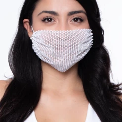Curvy Sense Decorative Rhinestones Mesh Cover For Face Masks - White