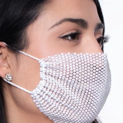 Curvy Sense Decorative Rhinestones Mesh Cover For Face Masks - White