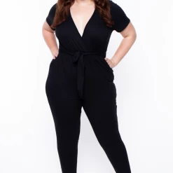 Curvy Sense Plus Size Alondra Cross Front Jumpsuit - Black Party Jumpsuilts