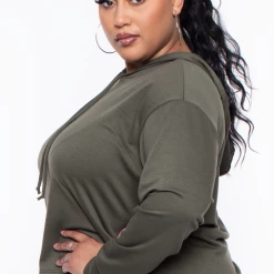 Curvy Sense Essential Mix Plus Size Alberta Cropped Hoodie - Olive