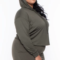 Curvy Sense Essential Mix Plus Size Alberta Cropped Hoodie - Olive