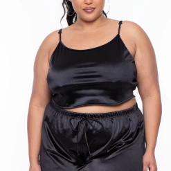Curvy Sense Plus Size Amirah Satin Slip Set - Black Matching Sets