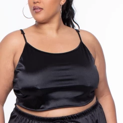 Curvy Sense Plus Size Amirah Satin Slip Set - Black Matching Sets