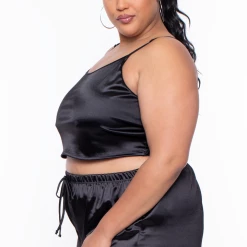 Curvy Sense Plus Size Amirah Satin Slip Set - Black Matching Sets