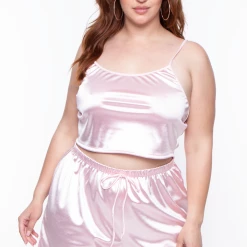 Curvy Sense Plus Size Amirah Satin Slip Set - Pink