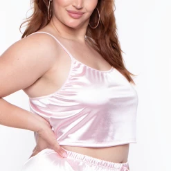 Curvy Sense Plus Size Amirah Satin Slip Set - Pink
