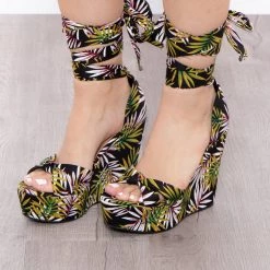 JP Originals Palma Tropical Print Wedges - Black