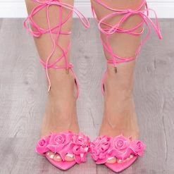 Azalea Wang Footwear Patent Flower Lace Up Stiletto - Neon Pink