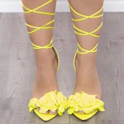Azalea Wang Patent Flower Lace Up Stiletto - Neon Yellow