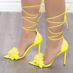 Azalea Wang Patent Flower Lace Up Stiletto - Neon Yellow