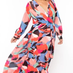 Ricarica Plus Size Abstract Chiffon Maxi Dress - Red Dresses