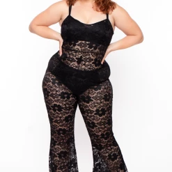 Curvy Sense Plus Size Cami Lace Coverup Jumpsuit - Black