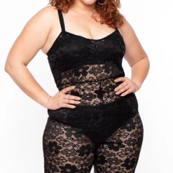 Curvy Sense Plus Size Cami Lace Coverup Jumpsuit - Black