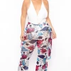 Highlight Plus Size Abstract Floral Mesh Ruffle Pants - White