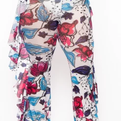Highlight Plus Size Abstract Floral Mesh Ruffle Pants - White