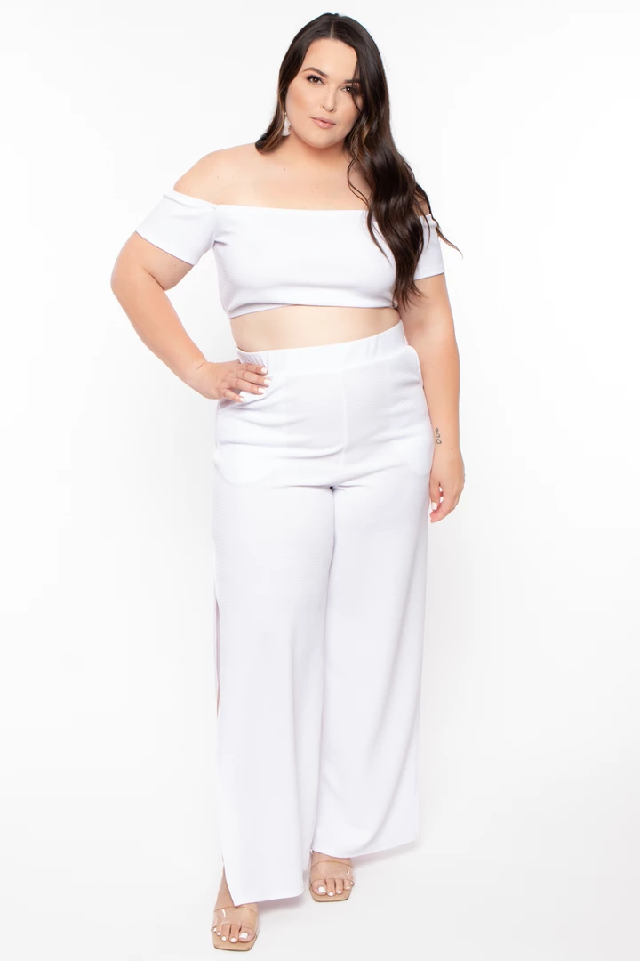 Curvy Sense Matching Sets Plus Size Andrea Crop Top And Flare Pants Set - White 3 Curvy Sense Matching Sets Plus Size Andrea Crop Top And Flare Pants Set - White
