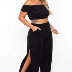 Curvy Sense Plus Size Andrea Crop Top And Flare Pants Set - Black