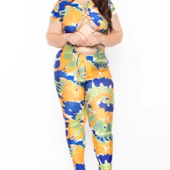 Highlight Plus Size Abstract Print Cut Out Catsuit - Orange/Blue Party Jumpsuilts